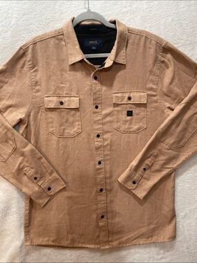Roark Men's Long-Sleeve Shirt Large Tan Khaki Brushed Organic Cotton Snap Front